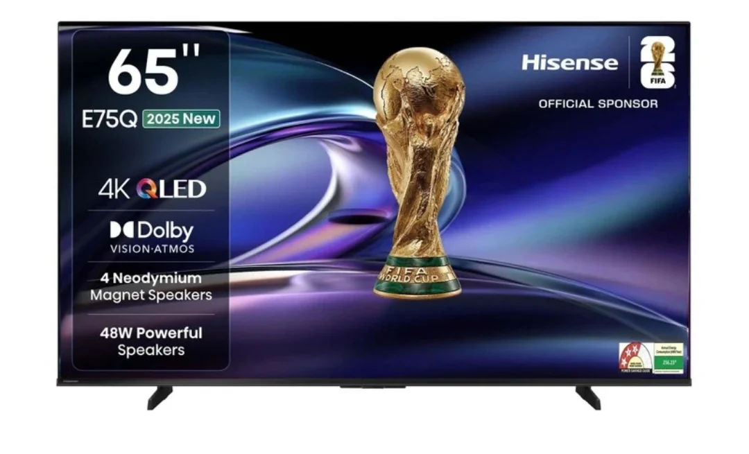 Hisense 65E75Q 164 cm (65 inch) QLED Ultra HD (4K) Smart VIDAA TV with 48W Powerful Speakers , Dolby Vision-Atmos , Cricket Mode , Game Mode Plus , Hands-Free Voice Control , VIDAA OS on Flipkart