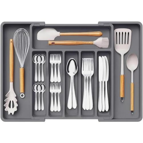 Aliensware Expandable Slider Kitchen Drawer Organizer, BPA Free Utensil, Adjustable Flatware & Cutlery Holder/Divider Tray for Spoons Forks, Knives Tableware Storage-13-22.4 X15X2 inch(8-Slots/Grey)