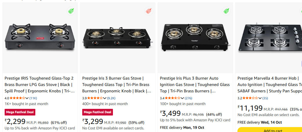 Prestige Iris 3-Burner LPG Gas Stove | Toughened Glass Top, Tri-Pin Brass Burners & Spill-Proof Design (Black)