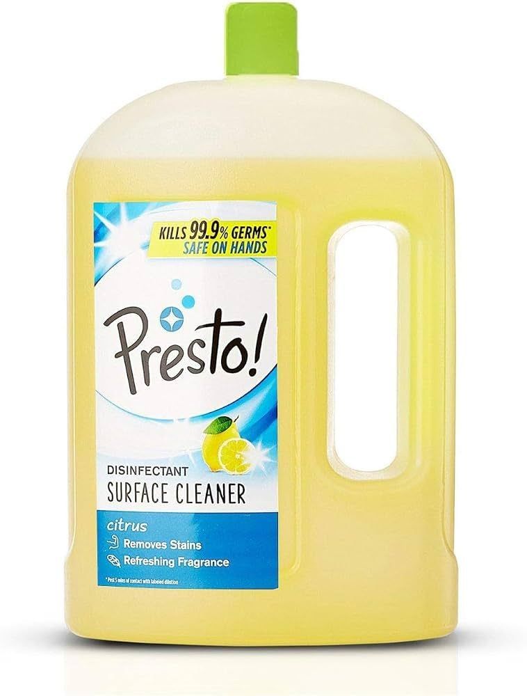 Amazon Brand - Presto! Disinfectant Surface & Floor Cleaner Liquid | Citrus | 2 Litre | 1 Can | Kills 99.9% Germs | Removes Stains | Safe on Hands