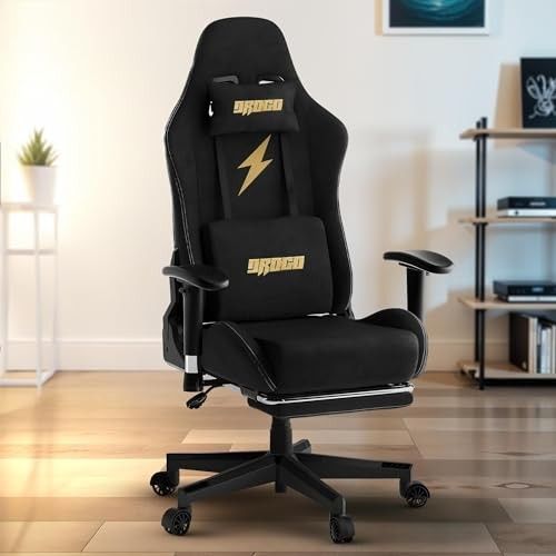 DROGO Proform Ergonomic Gaming Chair, Computer Chair with Luxurious Suede Fabric, Adjustable Seat, Armrest, Head & Massager Lumbar Pillow | Home & Office Chair with Footrest & Recline (Black)