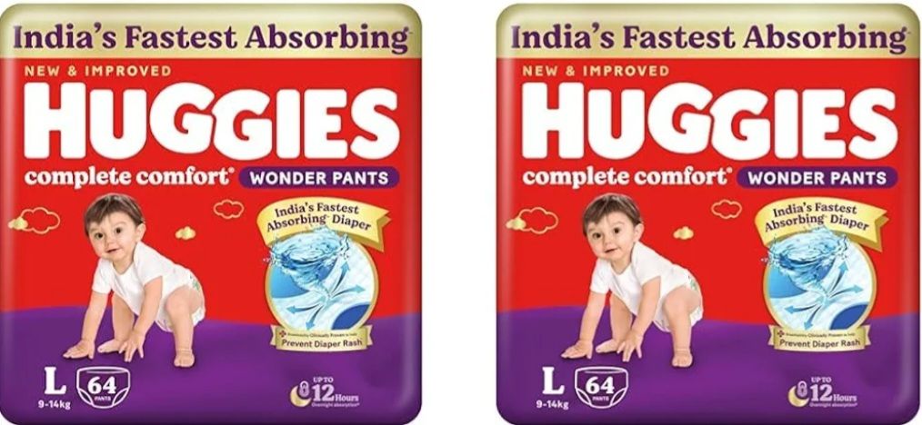 Huggies Complete Comfort Wonder Pants | Pant Style Baby Diapers L Size, 64 Count | India's Fastest Absorbing Diaper, Patented Dry Xpert Channel, Ideal for 9 to 14 Kgs (Pack of 2)
