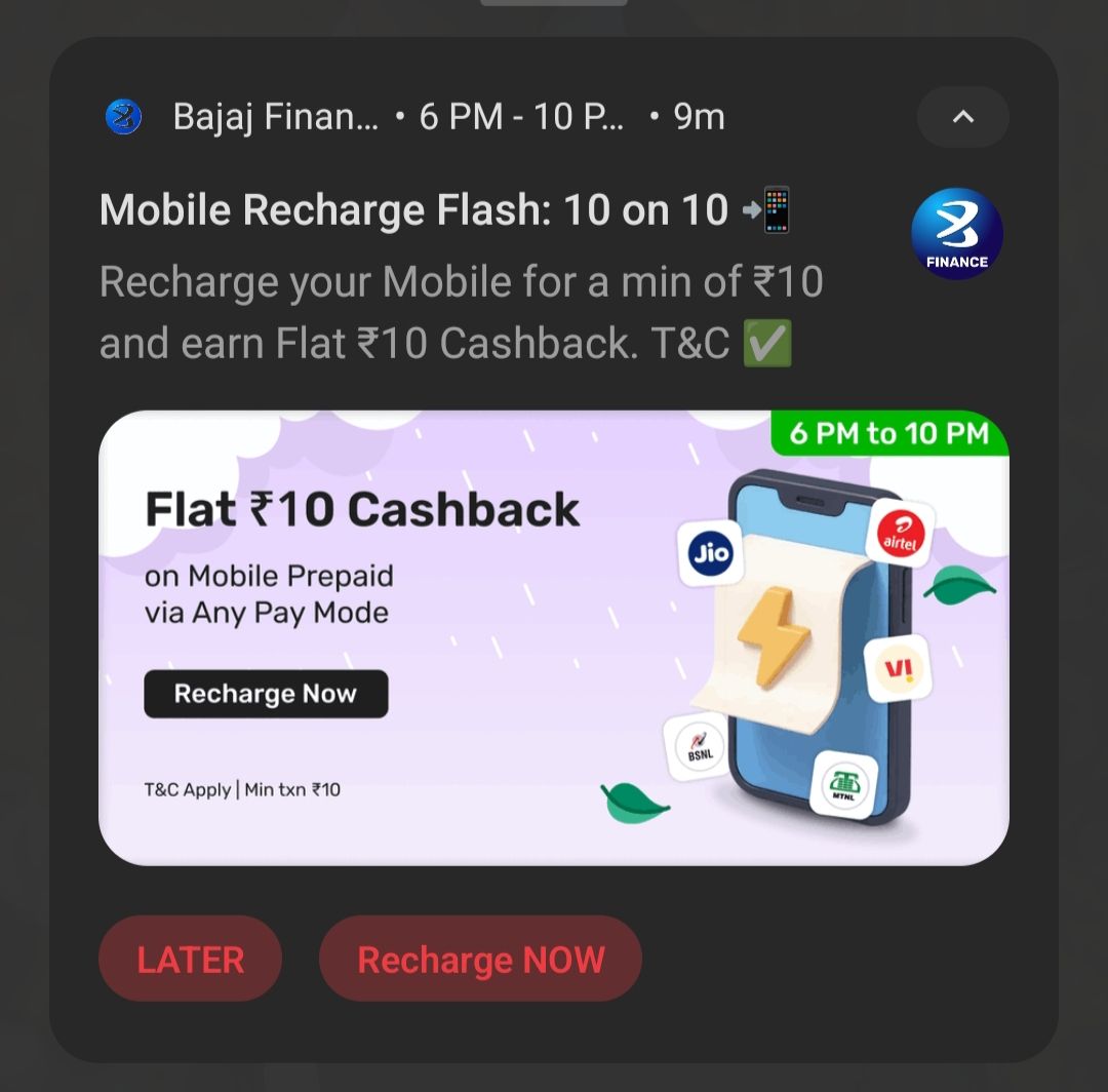 Bajaj - Get Flat ₹10 on Mobile Rechage of ₹10 (6PM - 10PM) 1 August