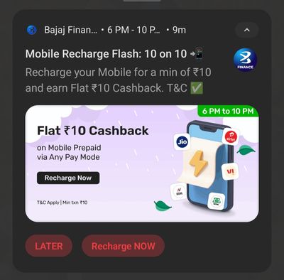 Bajaj - Get Flat ₹10 on Mobile Rechage of ₹10 (6PM - 10PM) 1 August