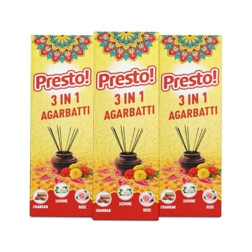 Amazon Brand - Presto! 3 in 1 Agarbatti Pack of 3 | Chandan, Rose & Jasmine Fragrance | Long Lasting Incense Sticks | Low Smoke & Ash | For Pooja, Meditation & Home Fragrance | 678 g