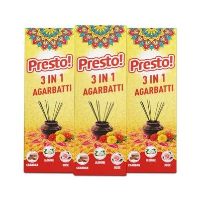 Amazon Brand - Presto! 3 in 1 Agarbatti Pack of 3 | Chandan, Rose & Jasmine Fragrance | Long Lasting Incense Sticks | Low Smoke & Ash | For Pooja, Meditation & Home Fragrance | 678 g
