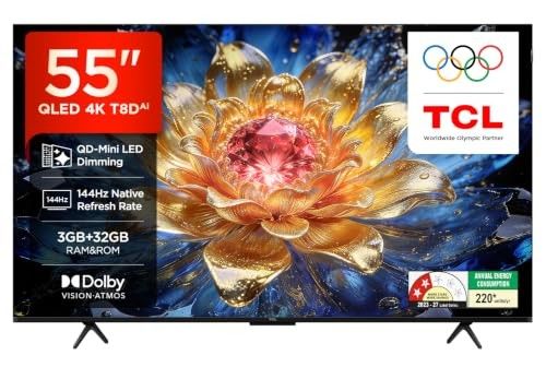 TCL 139 cm (55 Inches) 4K UHD Smart QLED Google TV | QD-Mini LED Dimming | 144Hz Refresh Rate | 3GB RAM | 55T8D