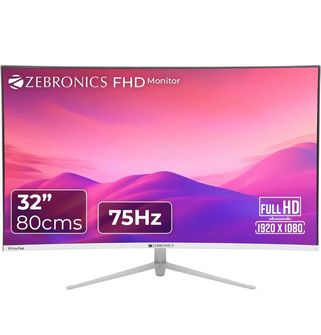 ZEBRONICS AC32FHD LED Curved 75Hz 80Cm (32") (81.28 Cm) 1920x1080 Pixels FHD Resolution Monitor with HDMI + VGA Dual Input, Built-in Speaker, Max 250 Nits Brightness, White