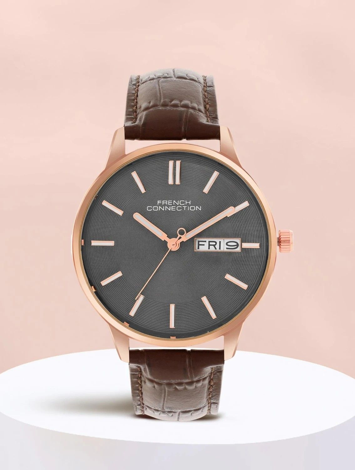 French Connection FCN065BL Men Grey Dial Analogue Watch with Brown Leather Strap