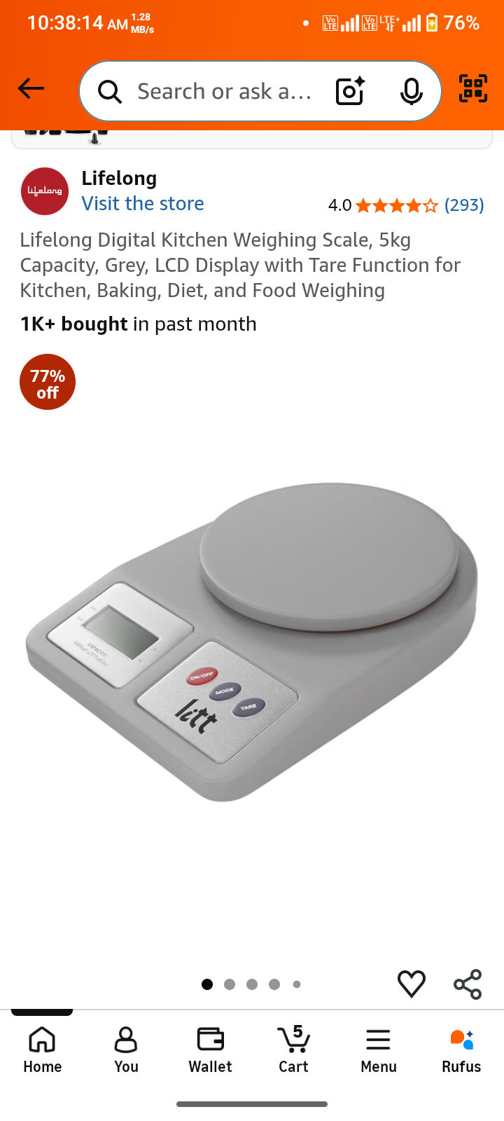 Lifelong Digital Kitchen Weighing Scale, 5kg Capacity, Grey, LCD Display with Tare Function for Kitchen, Baking, Diet, and Food Weighing