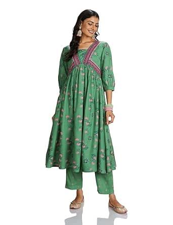 Amazon Brand - Myx Women's Rayon Floral Kurta and Pant Set (Available in Plus Sizes)
