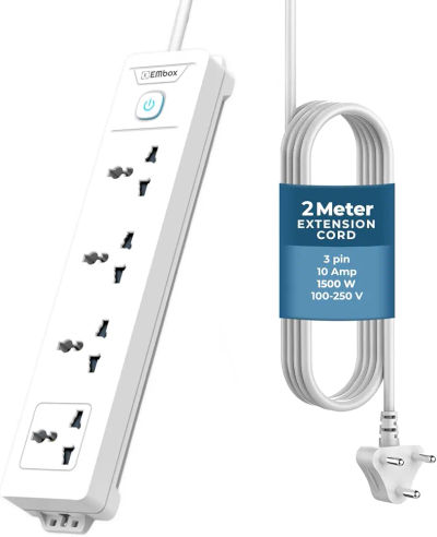 [Expired] EMBOX 1500W Extension Board with Switches | 4 Universal Sockets Master Switch | 2 Meter Extension Cord