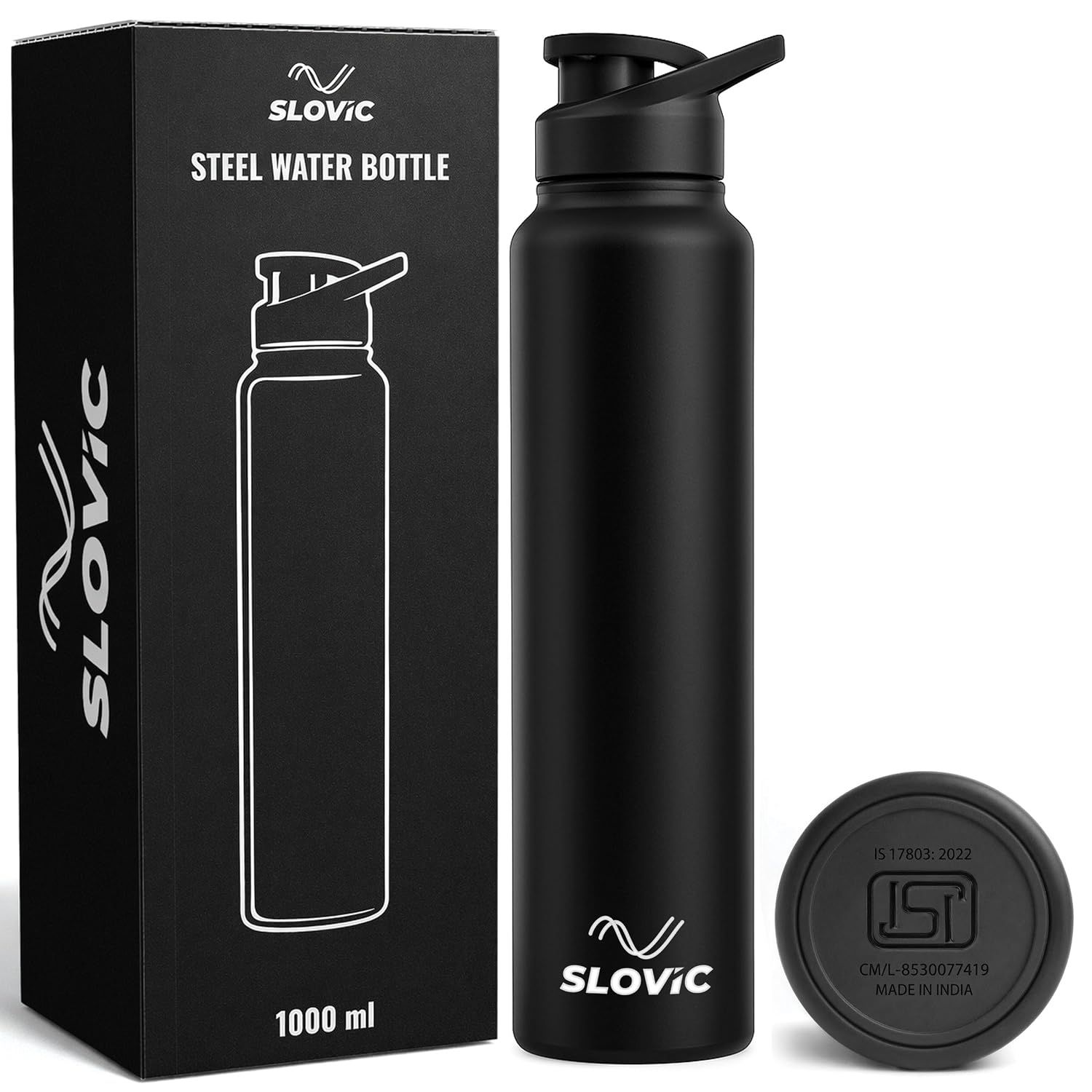 SLOVIC Steel Water Bottle 1 Ltr | Sports Water Bottle with Sipper Cap | 100% BPA Free & leak-Proof | Sipper Bottles for Adults | Ideal for Gym, Sports & Camping | Black