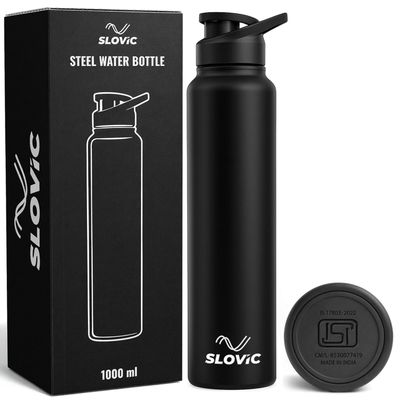 SLOVIC Steel Water Bottle 1 Ltr | Sports Water Bottle with Sipper Cap | 100% BPA Free & leak-Proof | Sipper Bottles for Adults | Ideal for Gym, Sports & Camping | Black