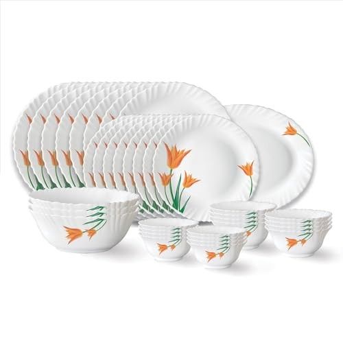 Larah by Borosil Firefly Fluted Series Opalware Dinner Set | 33 Pieces for Family of 6 | Microwave & Dishwasher Safe | Bone-Ash Free