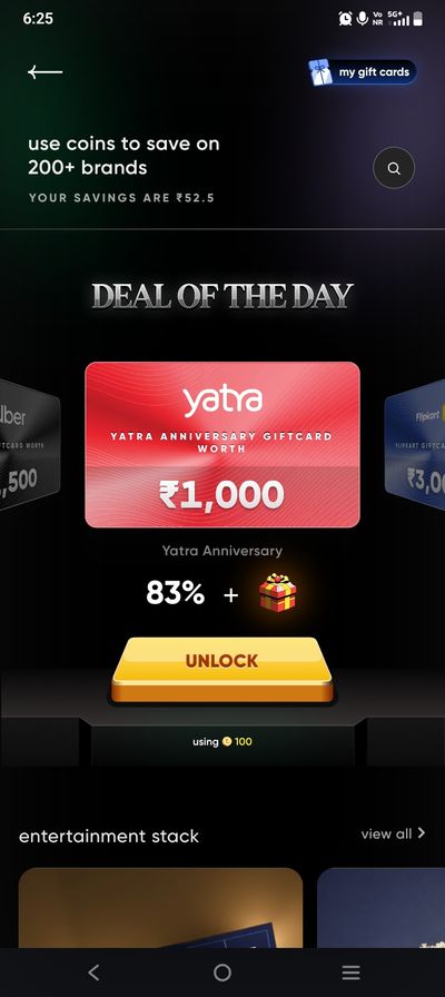 83 % off on yatra gift card on cred