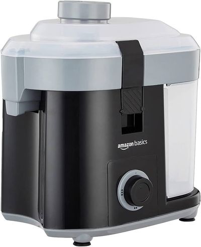 amazon basics 450 W CENTRIFUGAL JUICER WITH PUSHER | REMOVABLE PULP CONTAINER | SS MESH FILTER & 3 SPEED SETTINGS I FOR JUICING FRUITS | VEGITABLES & MORE | ISI-MARKED | BLACK 450 Watts