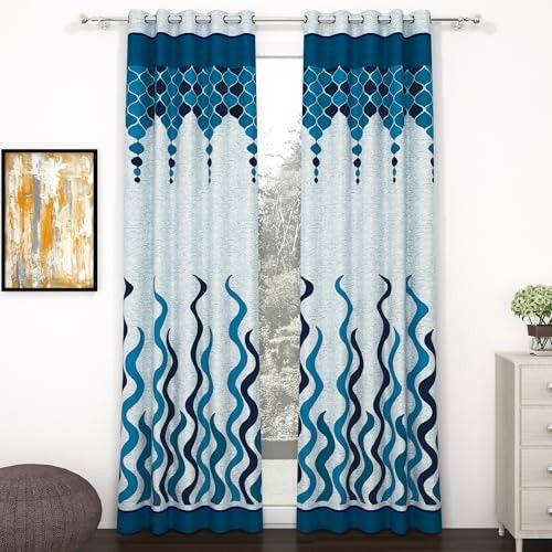 Door Curtains 9 Feet Set of 2, Abstract Sky Blue & Blue