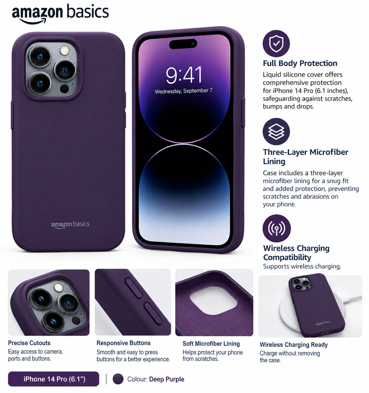 Amazon Basics Basic Case for iPhone 14 pro (Silicone_Deep Purple)