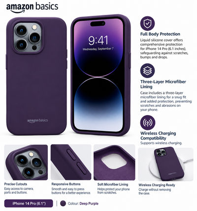 Amazon Basics Basic Case for iPhone 14 pro (Silicone_Deep Purple)