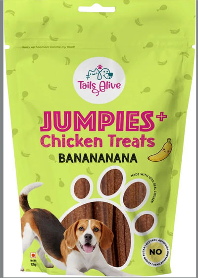 TailsAlive Jumpies+ Treats for Dogs | Joint & Mobility Support | No Added Sugar | Ashwagandha, Green-Lipped Mussel & Prebiotics | Banana | 100g