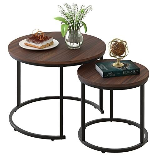 aboxoo Coffee Table Nesting Side Round Set of 2 End Table Top Sturdy Metal Frame Desk Centerpiece Living Room Bedroom