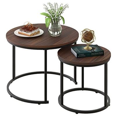 aboxoo Coffee Table Nesting Side Round Set of 2 End Table Top Sturdy Metal Frame Desk Centerpiece Living Room Bedroom