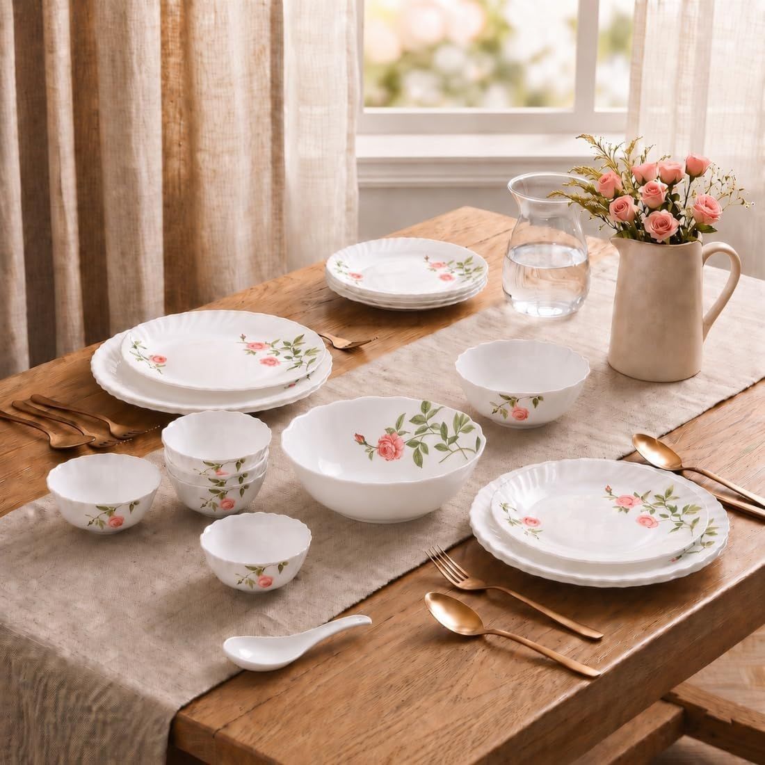 Novo By La Opala Opalware Dinner Set 35 Pieces for Family of 6, Rose Garden