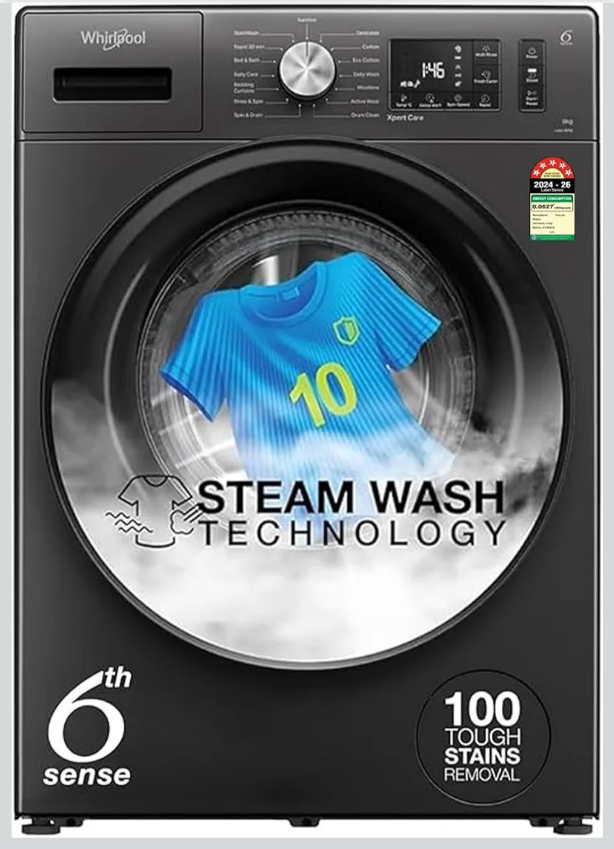 Whirlpool 8 Kg 5 Star Inverter Supreme Care Front Load Fully Automatic Washing Machine with In-Built Heater (XS8014BWME, MidNight Grey, Steam Technology, 100+ Tough Stains, 6th Sense Soft Move)