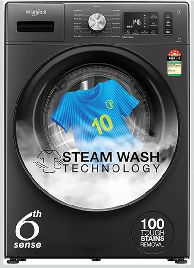 Whirlpool 8 Kg 5 Star Inverter Supreme Care Front Load Fully Automatic Washing Machine with In-Built Heater (XS8014BWME, MidNight Grey, Steam Technology, 100+ Tough Stains, 6th Sense Soft Move)