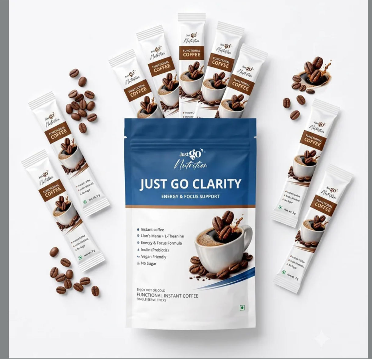 Sample @99 - Just Go Nutrition Clarity Functional Instant Coffee | 3g Sticks | Lion's Mane + L-Theanine, Energy & Focus Support, Inulin Prebiotic Fiber, Vegan Friendly, No Sugar, Single-Serve Sticks