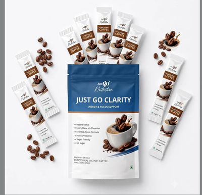 Sample @99 - Just Go Nutrition Clarity Functional Instant Coffee | 3g Sticks | Lion's Mane + L-Theanine, Energy & Focus Support, Inulin Prebiotic Fiber, Vegan Friendly, No Sugar, Single-Serve Sticks