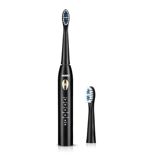 AGARO COSMIC LITE Sonic Electric Tooth Brush For Adults With 5 Modes, 2 Brush Heads & Rechargeable, Power Toothbrush, (Black)