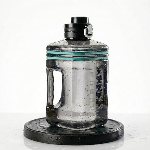 2.2L Half Gallon Water Bottle with Time Marker & Handle - Large Leakproof Motivational Sports Jug for Gym, Workout, Office & Outdoor Hydration - BPA Free Reusable Container (Black)