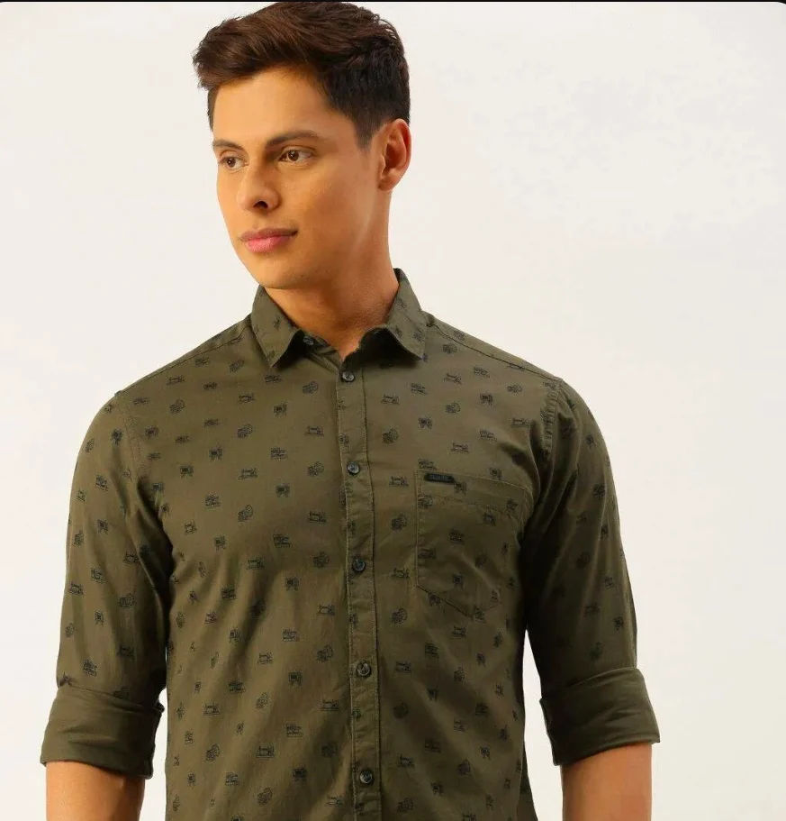 The Indian Garage Co - Men's Olive Green Slim Fit Printed Spread Collar Full Sleeves Shirt