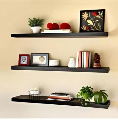 Modern Floating Wall Shelves Set of 3 - Black Wooden Display Shelves for Living Room, Bedroom, Kitchen & Office | Wall Mounted Storage Rack for Books, Plants, Decor & Photos