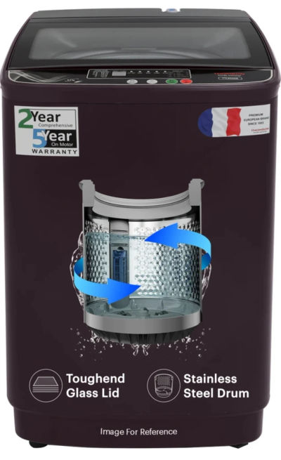 Thomson 8.5 kg PureWash Toughened Glass Lid with Stainless Steel Drum, Magic Filter and Multiple Wash Programs Semi Automatic Top Load Red, Maroon (TTL8500R)