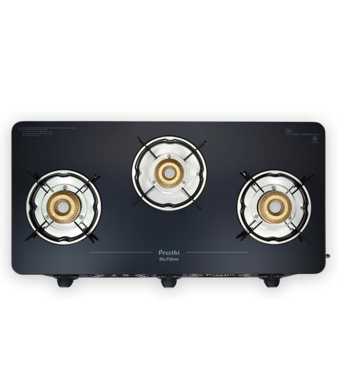 Preethi Alya 3 Burner Glass Top Gas Stove, 5-Year Glass & Burner Warranty