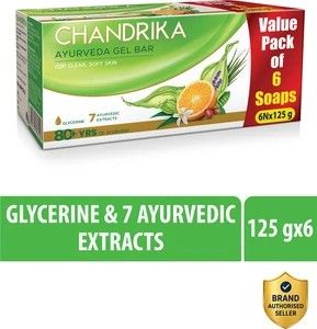 Chandrika With Glycerine Ayurveda Gel Bathing Bar Soap,| Jojoba Oil for Moisturized Skin (6 x 125 g)