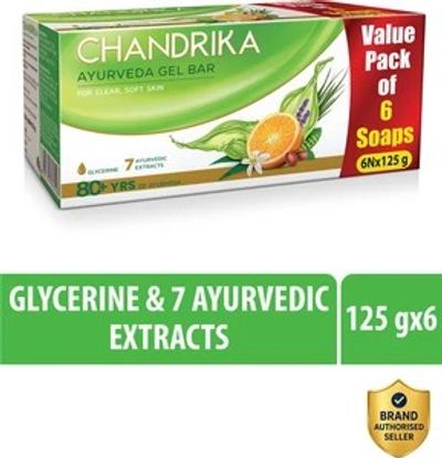 Chandrika With Glycerine Ayurveda Gel Bathing Bar Soap,| Jojoba Oil for Moisturized Skin (6 x 125 g)