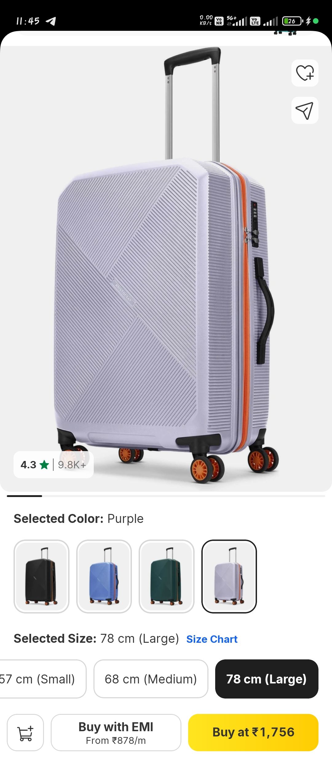 78cm large *Aristrcrat* trolly@1756(@ 1580 for icici/axis cc holder)