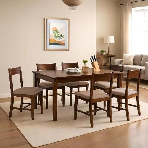 EXCEL HOME 7-Piece Dining Room Set, Solid Wood Table and 6 Chairs with Grey Cushions, Dark Brown