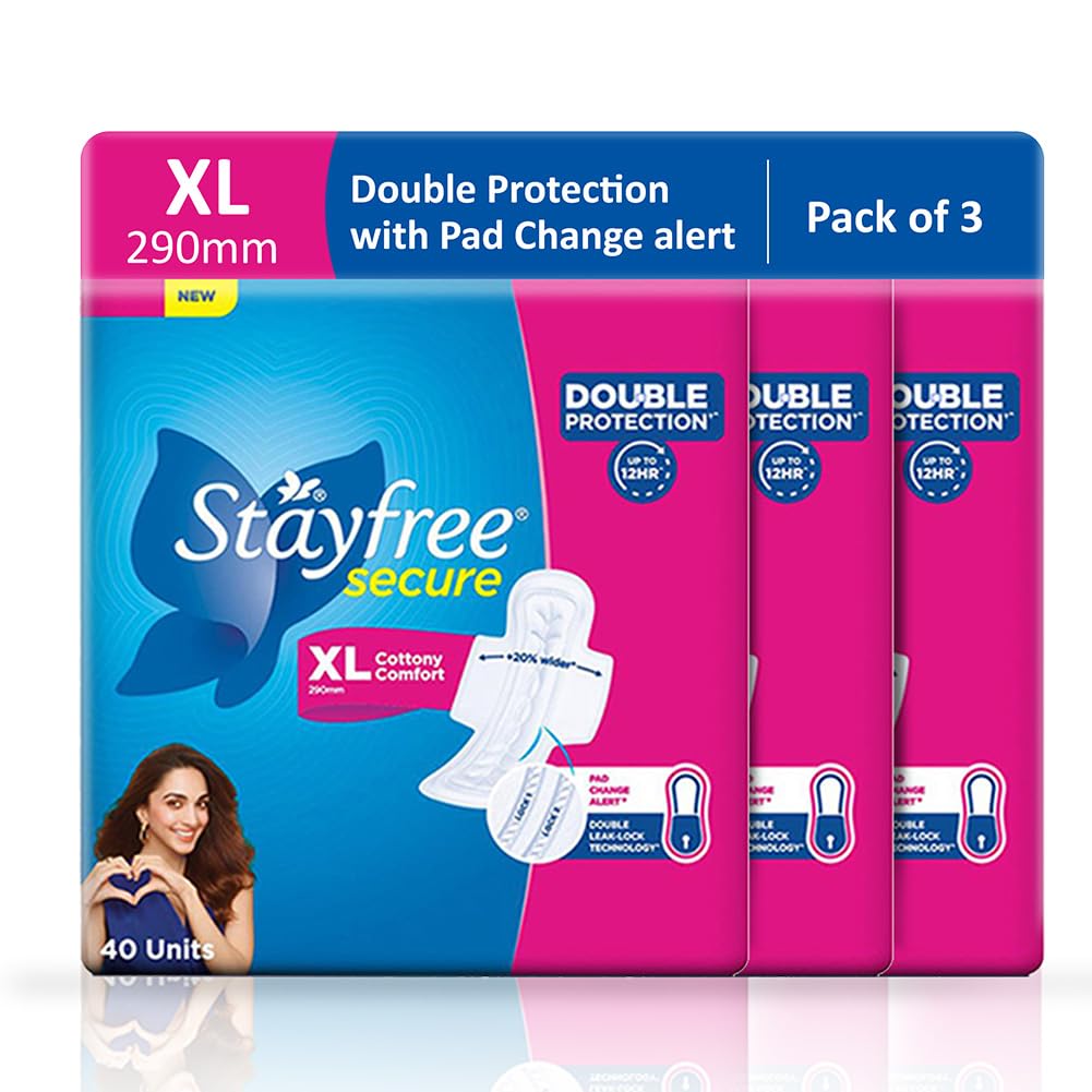 Stayfree Secure xl | Combo packs 120 Pads | Cottony Soft Sanitary Pads for Women | with Leak Lock Technology | Odour Control | Absorbs upto 100% Fluid | Up to 12 Hours of Protection |
