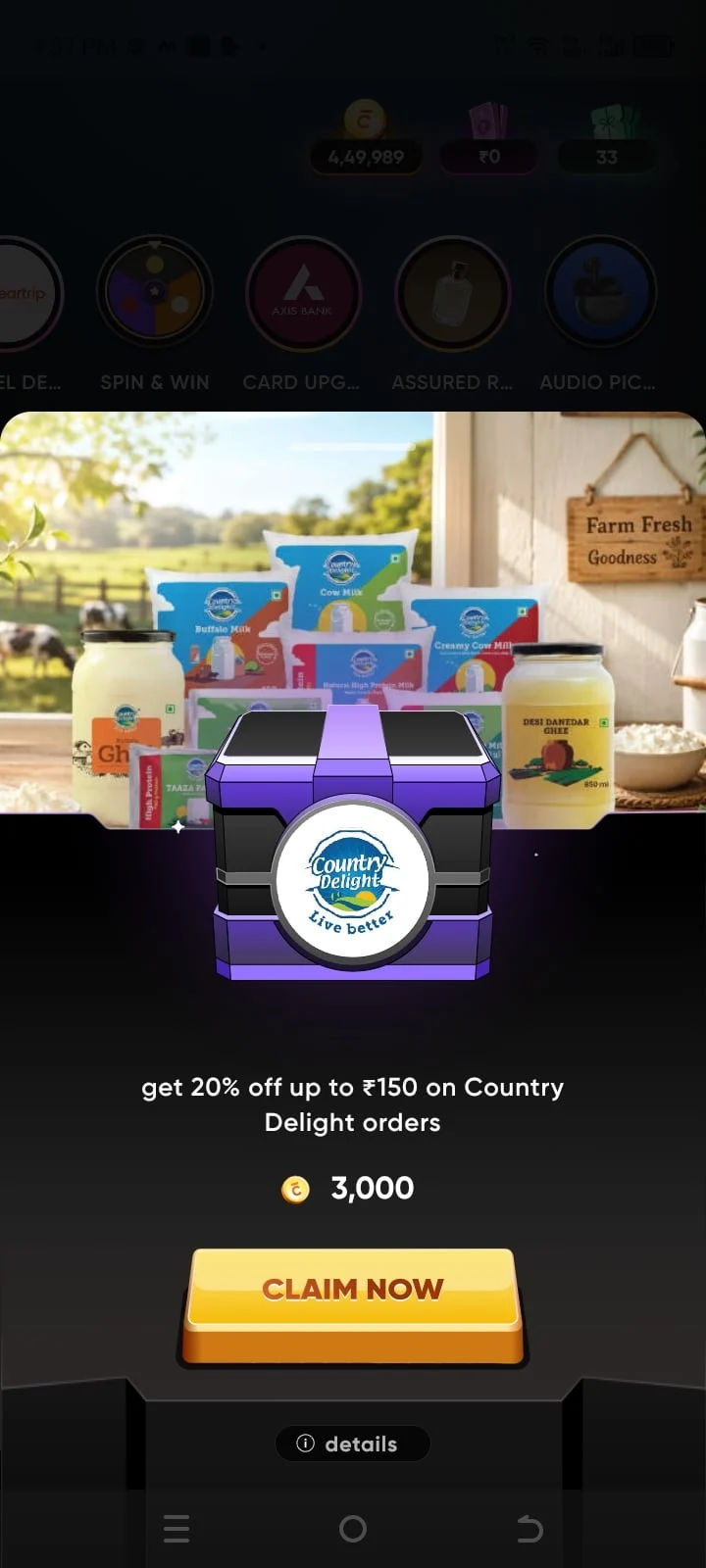 CRED Popular Drops: Country Delight – 20% OFF up to ₹150 on ₹700+ Orders (Redeem with 3,000 Coins)