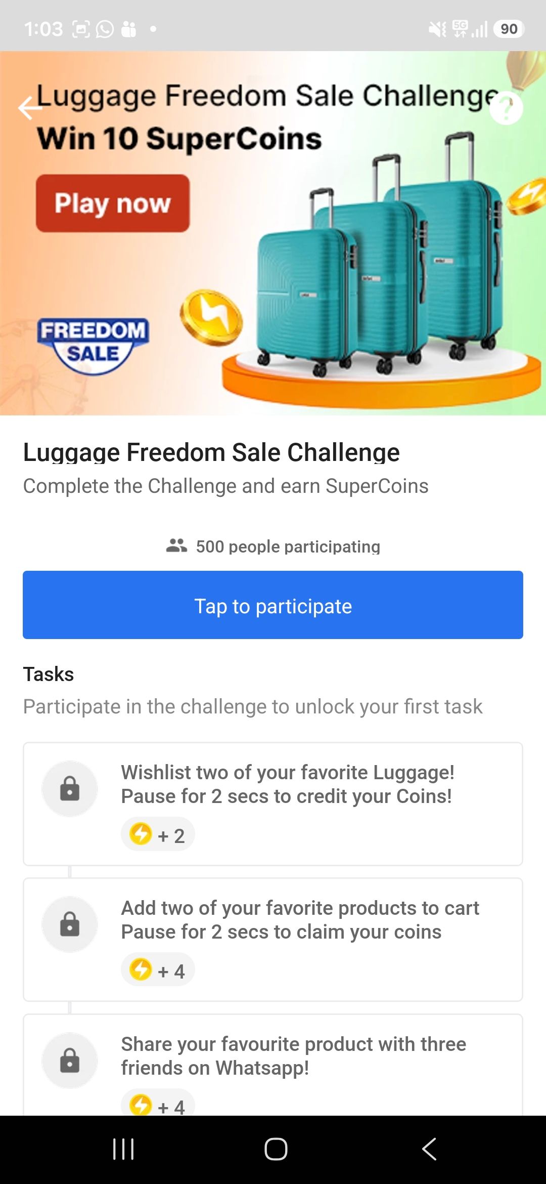 Flipkart - Luggage Freedom sale challenge win 10 super coins