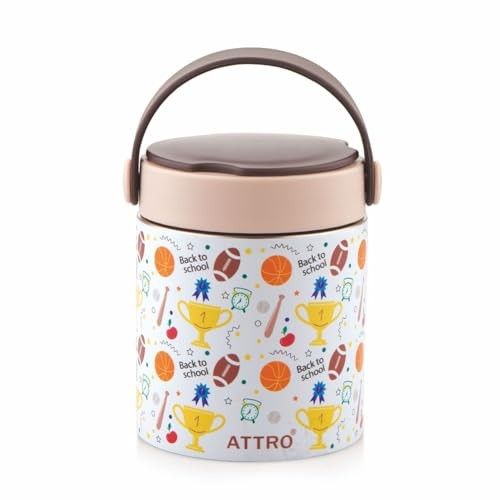 ATTRO Happy Go Vacuum Insulated ISI Certified Stainless Steel Soup Jar 500ml, Leakproof & BPA Free for Kids & Adults, Long Temperature Retention,Ideal for School, Office & Travel - Sports Trophy Brown