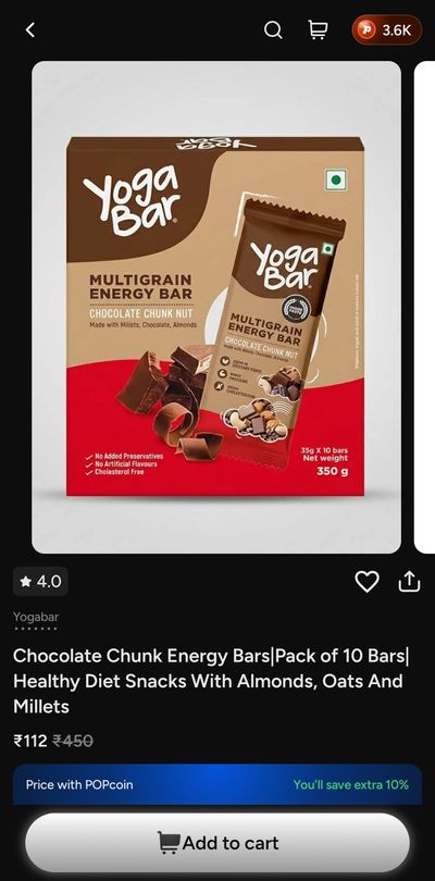 Yogabar Chocolate chunk bar at discount