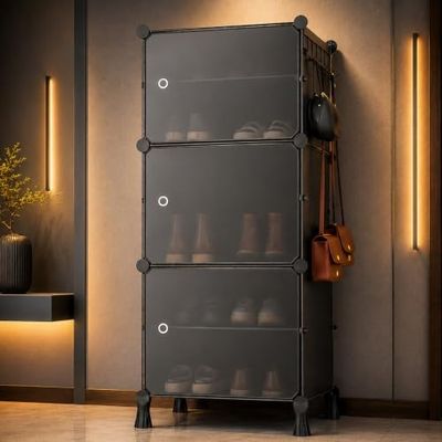 AYSIS Premium Foldable Plastic Shoe Rack for Home, , Magnets, 5 Hook Steel Holder, Shoe Organizer, Portable Space Saving Storage for Entryway, Bedroom & Living Room, Black
