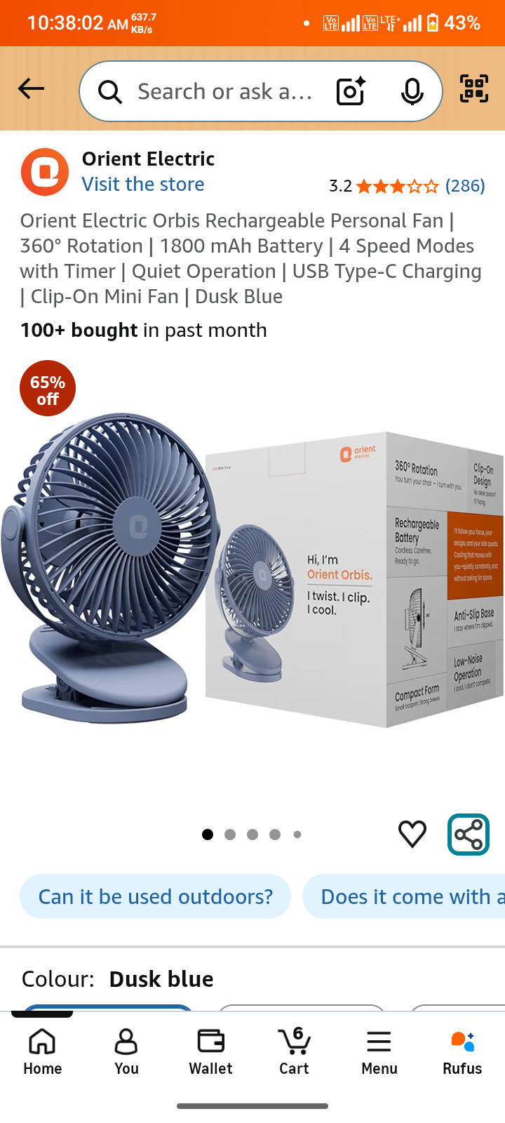 Orient Electric Orbis Rechargeable Personal Fan | 360° Rotation | 1800 mAh Battery | 4 Speed Modes with Timer | Quiet Operation | USB Type-C Charging | Clip-On Mini Fan | Dusk Blue