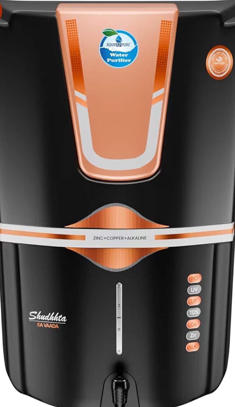 AQUA D PURE Bio Copper Zinc Alkaline Ro Water Purifer, TDS Adjuster Purification Technology, 12 Litre, Black Gold